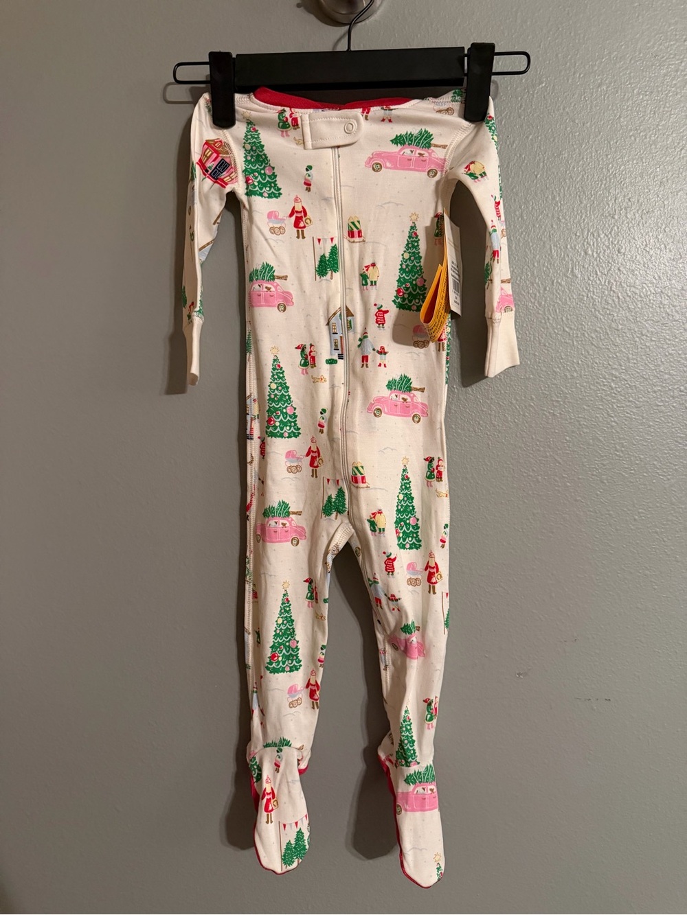 Kids One-Piece Holiday Footed Pajamas - Cream with Green & Pink Print